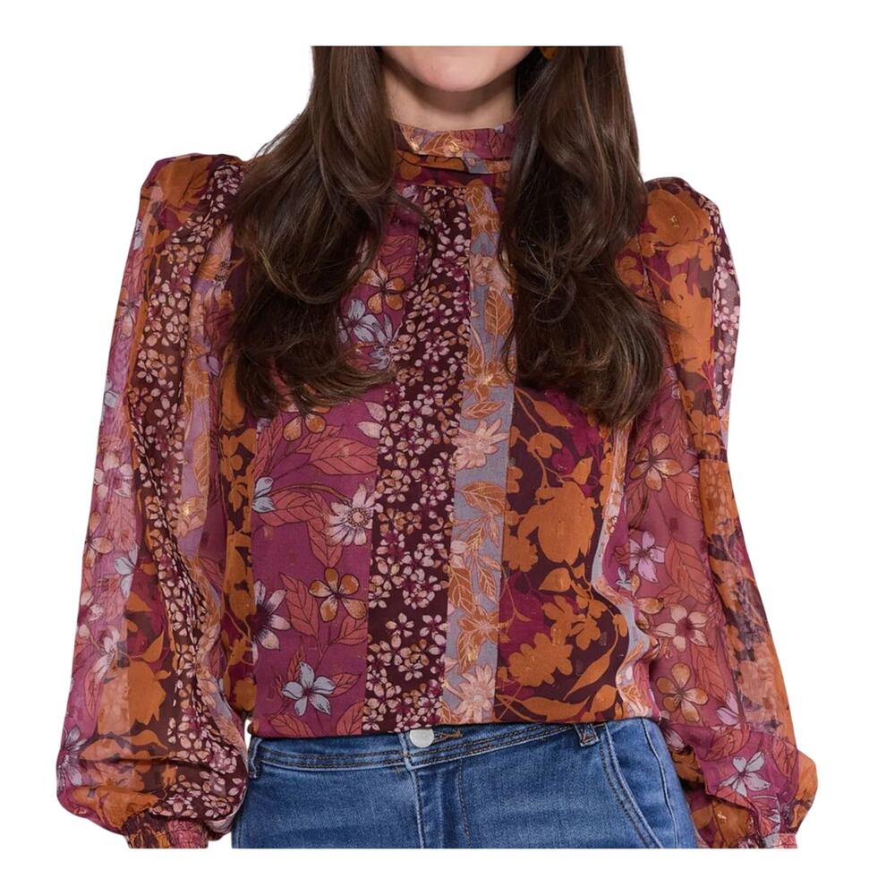 Avara NEW Rylinn Top Long Sleeve Dark Floral Sheer Long Sleeve Neck Tie Blouse